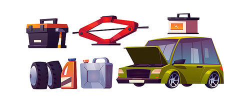 Car repair shop, auto maintenance. Vector cartoon set of automobile and equipment for check and fix vehicle. Battery, car jack, canister with oil, tires and tools in box isolated on white 