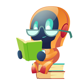 Robot in glasses reading book in library. Machine learning, ai chatbot education and information research, cyborg data mining, artificial intelligence knowledge, cybernetic Cartoon vector illustration