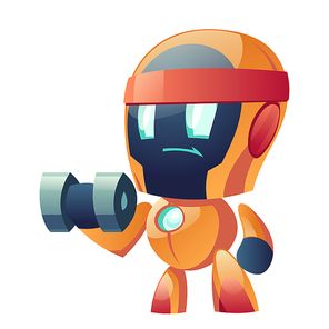 Robot train with dumbbell, cute chatbot with sport equipment pumping muscles on white background. Ai technology, cyborg sports assistant artificial intelligence mechanism. Cartoon vector illustration