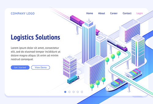 Logistics solutions isometric landing page. Transport delivery company service, cargo import and export by ship, truck or train. Land and river goods city transportation business, 3d vector web banner