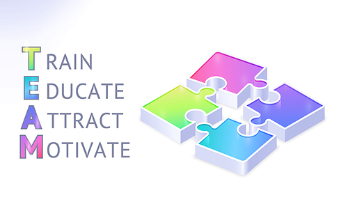 Team isometric banner with puzzle pieces and abbreviation of words Train, Educate, Attract, Motivate. Teamwork cooperation, business partnership, connection. Realistic 3d vector illustration, poster