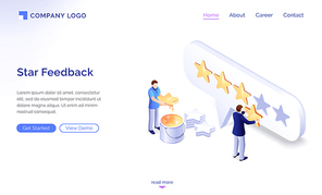 Star feedback model banner. Concept of positive review, rate satisfaction and quality of service or app. Vector landing page of evaluation from customers with gold stars