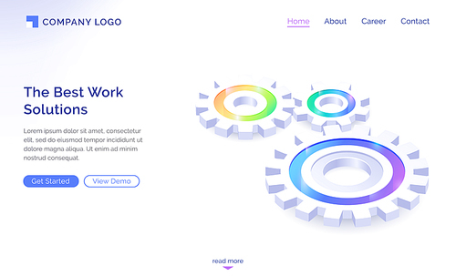 The best work solutions isometric landing page, engine gears, cogwheels mechanism working process, teamwork cooperation, company strategy or innovative idea development concept, 3d vector web banner