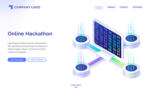 Online hackathon isometric landing page. Computer desktop with binary code on screen connected to remote platforms. Pc software development, coding, work with digital data concept 3d vector web banner