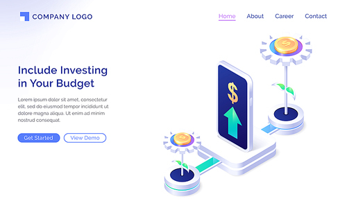 Financial budget planning isometric landing page. Mobile phone investment application with growing money trees and arrow rising up. Invest strategy plan, finance analytic, app, 3d vector web banner
