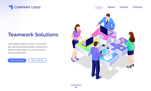 Teamwork solutions isometric landing page. Team of business people working at office desk in shape of connected puzzle pieces. Cooperation, partnership, connection. 3d vector illustration, web banner