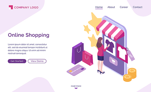 Online shopping isometric landing page, customer purchasing in digital store. Woman choose goods at huge smartphone with internet market platform. Buyer use cyber shop mobile app. 3d vector web banner
