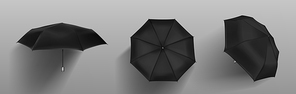 Black automatic umbrella front, side and top view. Vector realistic mockup of blank parasol with metal handle, accessory for rain protection in spring, autumn or monsoon season