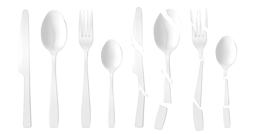 New and broken plastic cutlery isolated on white . Vector realistic set of cracked white flatware, disposable plastic fork, spoon and knife. Shattered tableware