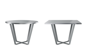 Modern metal tables with round and square top. Vector realistic set of cocktail, coffee or dining steel table with cross legs, chrome furniture for kitchen or cafe isolated on white background