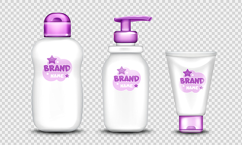 Baby cosmetics package design set realistic vector. White dispenser bottles for gel or liquid soap, lotion, milk or oil and cream tube with purple cap, cute label, insulated on transparent background