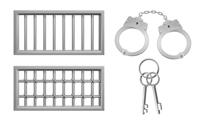 Steel lattice for prison windows, handcuffs and keys. Jail grid and manacles stuff for criminals and prisoners incarceration punishment isolated on white background. Realistic 3d vector illustration