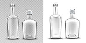 Two empty glass bottles for alcohol. Vector set of realistic clear whiskey, gin, tequila or brandy bottles with metal caps isolated on transparent and white background