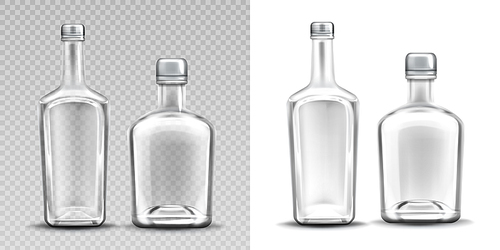 Two empty glass bottles for alcohol. Vector set of realistic clear whiskey, gin, tequila or brandy bottles with metal caps isolated on transparent and white 