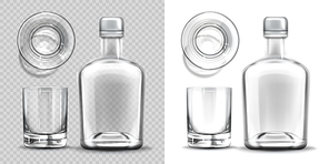 Bottle and shot glass side and top view set. Empty blank flask for alcohol drink design template mockup isolated on transparent and white background. Realistic 3d vector illustration, icon, clip art
