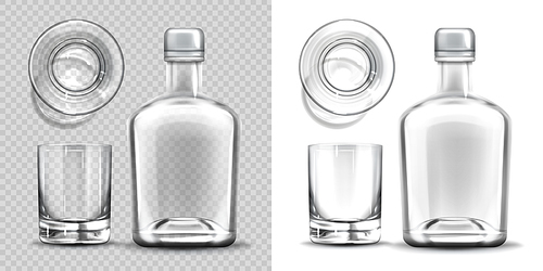 Bottle and shot glass side and top view set. Empty blank flask for alcohol drink design template mockup isolated on transparent and white . Realistic 3d vector illustration, icon, clip art