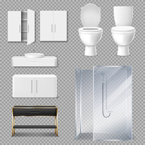 Furniture for bathroom interior. Vector realistic glass shower cabin, toilet bowl with open and closed seat lid, sink and closets isolated on transparent background
