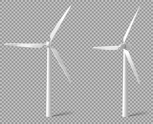 Wind turbine front and angle view. Alternative renewable power generation, green energy concept. Vector realistic mockup of windmill with white vanes isolated on transparent 