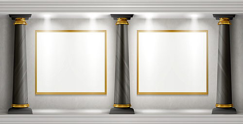 Museum interior in antique castle with blank paintings in golden frames illuminated by spotlights. Vector realistic empty gallery room with black marble columns