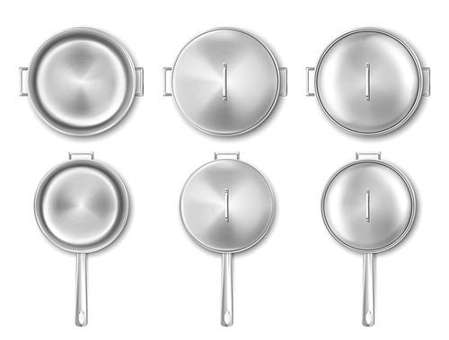Metal cooking pot and frying pan top view. Vector realistic mockup of empty steel saucepan and skillet with handles and lid. Stainless casserole, kitchen utensil isolated on white