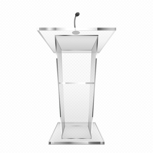 Glass pulpit, podium or tribune. Rostrum stand with microphone for conference debates, trophy isolated on transparent background. Business presentation speech pedestal Realistic 3d vector illustration