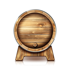Wooden barrel for wine or beer. Cask from oak wood on stand for brewery or winery. Vector realistic keg for whiskey, rum or cognac isolated on white background in front view
