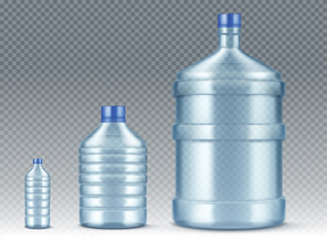 Plastik bottles, small and big for water cooler. Vector realistic mockup of blue plastic packaging for drinking water isolated on transparent background, empty delivery gallon container