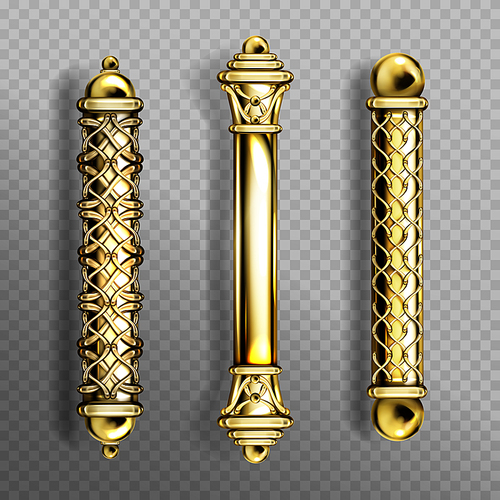 Gold door handles in baroque style, classic ornate luxurious oriental column knobs isolated on transparent background. Vintage golden doorknobs, yellow metal jewelry home decor, Realistic 3d vector