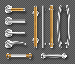 Handles for doors or windows, metal and wooden architectural details, modern interior design accessories. Steel and wood furniture holders with rods and locks. Realistic 3d vector isolated icons set