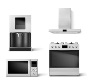 Kitchen appliances gas oven, hood, microwave and coffee machine. Smart household technics with wifi, digital display front view, home tech equipment isolated white background realistic 3d vector set