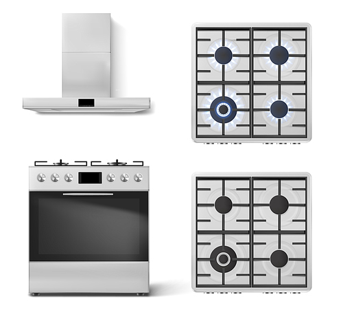 Gas stove with oven and cooker hood in front view isolated on white . Vector realistic set of metal range hood and top view of kitchen cooktop with lit and off burners