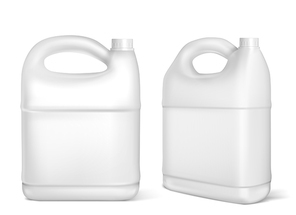 Plastic canisters, white jerrycan bottles isolated on white background. Engine oil, car lubricant or gasoline additive blank container. Detergent product design element, realistic 3d vector mockup