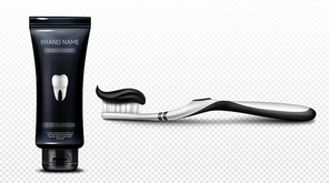 Black toothpaste in tube and on brush isolated on transparent background. Vector realistic mockup of paste for dental clean and oral hygiene in black plastic package and toothbrush