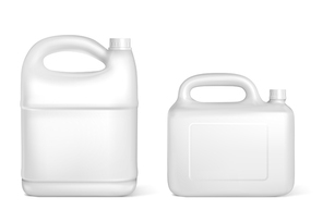 Plastic canisters, white jerrycan bottles of different shapes and volumes. Isolated detergent, engine oil, car lubricant or gasoline additive blank container design elements realistic 3d vector mockup