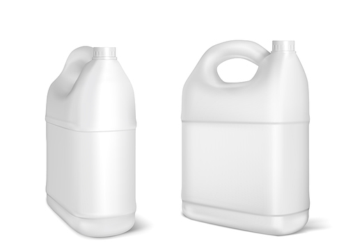 Plastic canisters, white jerrycan bottles isolated on white . Engine oil, car lubricant or gasoline additive blank container. Detergent product design element, realistic 3d vector mockup