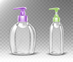 Empty plastic bottle with dispenser pump for liquid soap, antibactrial gel, sanitizer or cosmetic product. Vector realistic mockup of transparent package for antiseptic cleanser