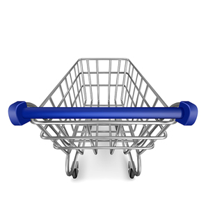 Shopping trolley, empty supermarket cart view from the first person isolated on white. Customers equipment for purchasing in retail shop, grocery and store market. Realistic 3d vector illustration