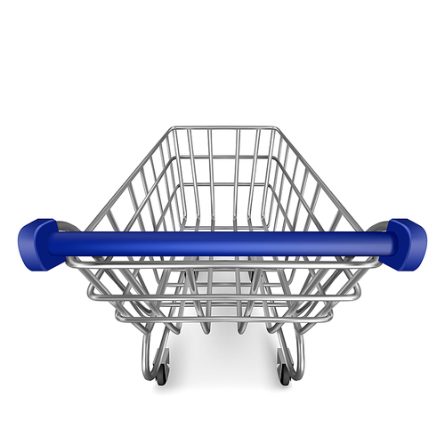 Shopping trolley, empty supermarket cart view from the first person isolated on white. Customers equipment for purchasing in retail shop, grocery and store market. Realistic 3d vector illustration