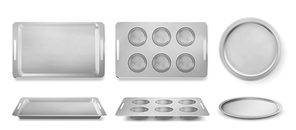 Trays for baking muffins, pizza and bakery top and front view, empty tin pans, isolated rectangle and round forms. Kitchen utensil for oven, silver metal dishes for cooking, Realistic 3d vector set