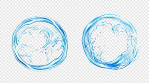 circle water splash, liquid aqua  of round shape, dynamic motion elements with spray droplets, isolated border on transparent background, hydration ad. realistic 3d vector illustration, clip art