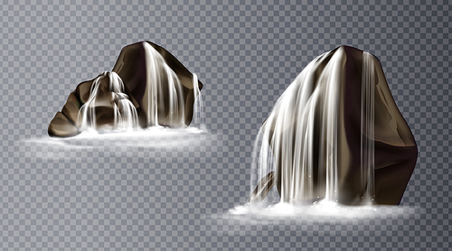 Waterfall cascade on rock, realistic water fall streams falling from mountains, pure liquid jets and stones with fog down, fountain design. Realistic 3d vector icons isolated on transparent background