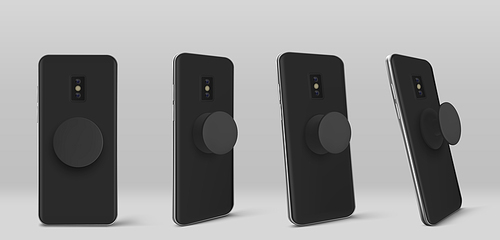 Smartphone with pop socket holder on back in different angles view. Vector realistic mockup of black mobile phone with circle pop grip and stand isolated on grey background