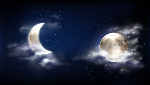 Moon in night sky with clouds and stars. Vector realistic illustration of full moon and crescent on dark midnight sky. Starry outer space with bright glowing planet and fog