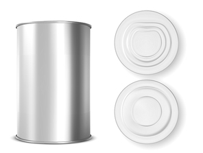 Metal tin can for food front, top and bottom view. Vector realistic mockup of blank aluminum container, round steel pack for soup, milk, beans or meat isolated on white background