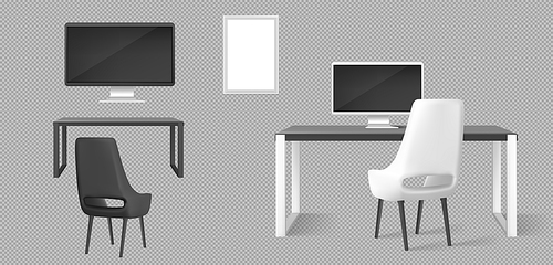 desk, monitor, chairs and blank picture  isolated on transparent . vector realistic set of modern furniture, table, chair and computer screen for workplace in office or home