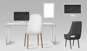 Desk, monitor, chairs and blank picture frame isolated on transparent background. Vector realistic set of modern furniture, table, chair and computer screen for workplace in office or home