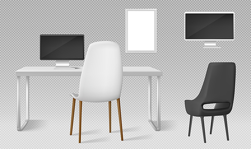 desk, monitor, chairs and blank picture  isolated on transparent . vector realistic set of modern furniture, table, chair and computer screen for workplace in office or home