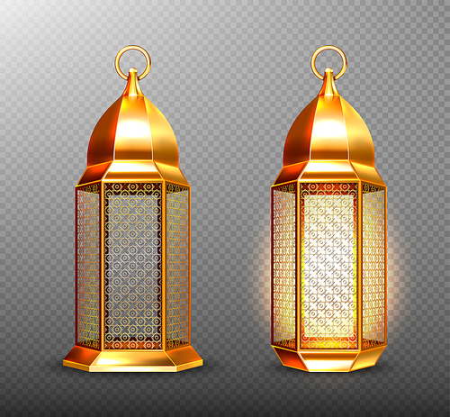 Arabic lamps, gold lanterns with arab ornament, ring, place for candle. Accessories for islamic ramadan holiday. Realistic 3d vector vintage luminous shining lights isolated on transparent background