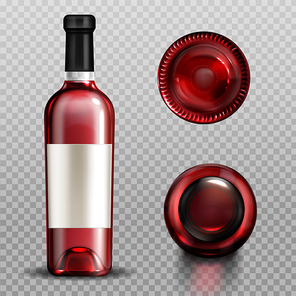 Red wine in glass bottle front, top and bottom view. Vector realistic mockup of clear glass bottle with blank white label full of cabernet, merlot or bordeaux isolated on transparent background