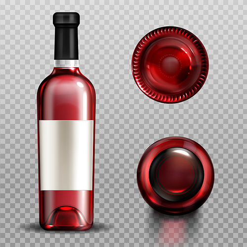 red wine in glass bottle front, top and bottom view. vector realistic mockup of clear glass bottle with blank white label full of cabernet, merlot or bordeaux isolated on transparent